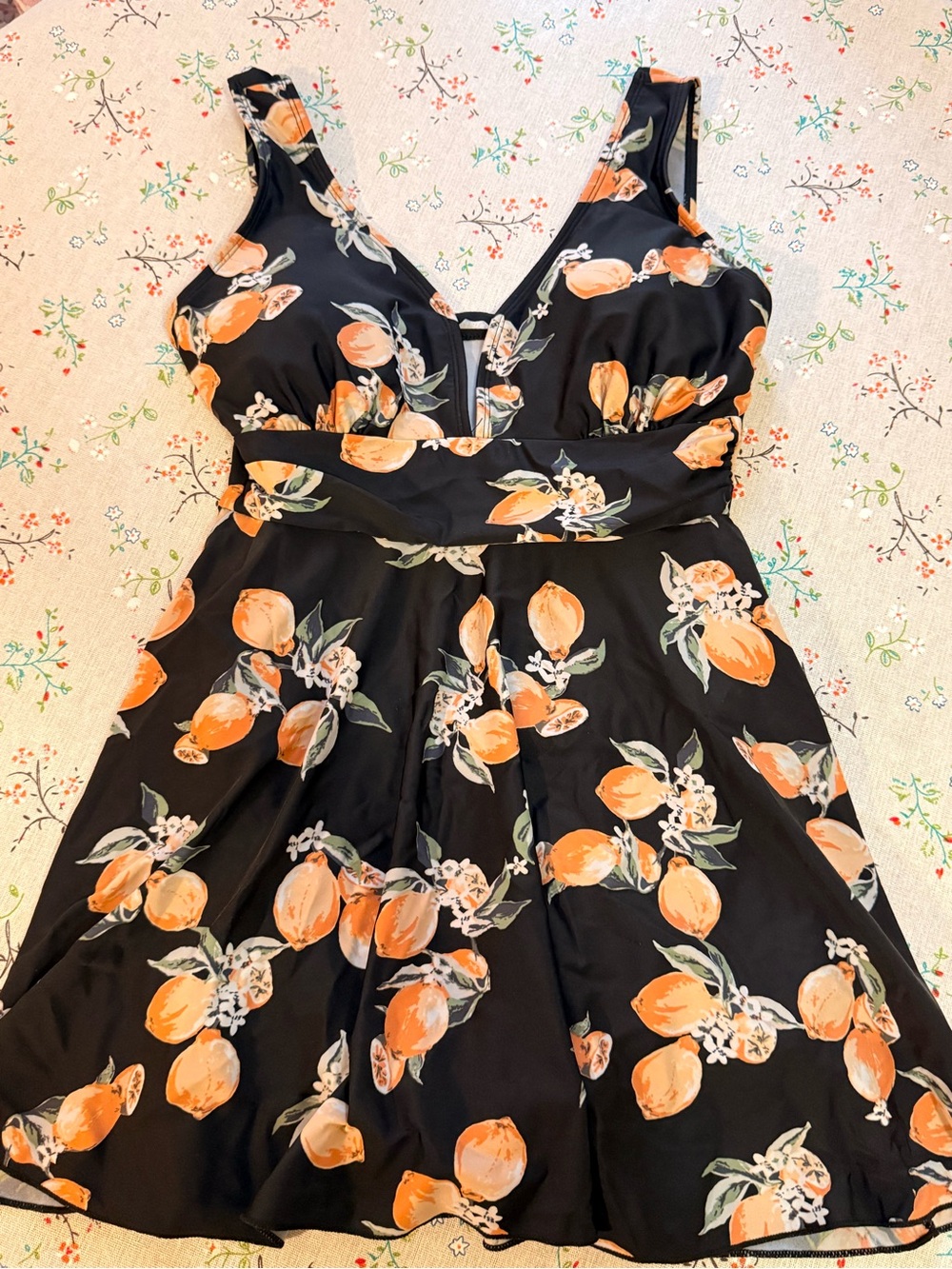 Black One-Piece Swimsuit with Orange Floral Print